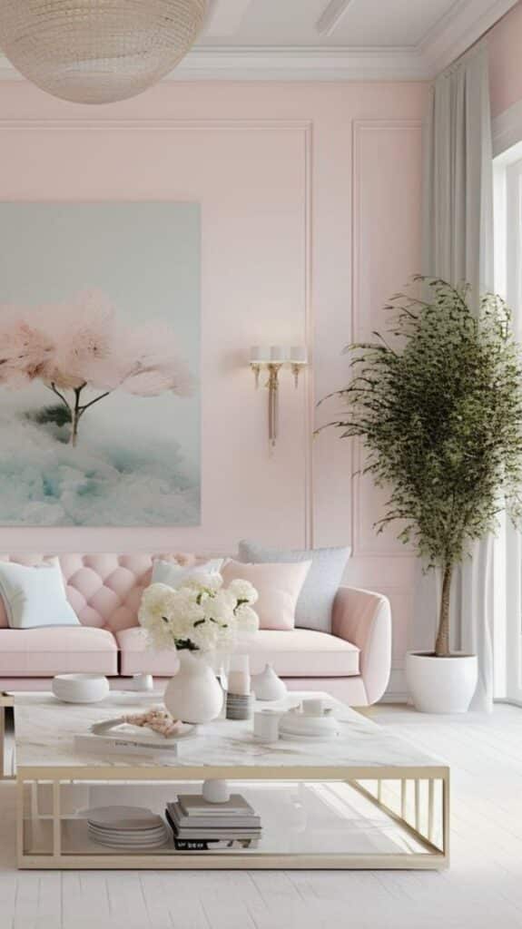Elegant pastel living room with pink sofa, wall art, and cozy decor. Enhances modern interior design.