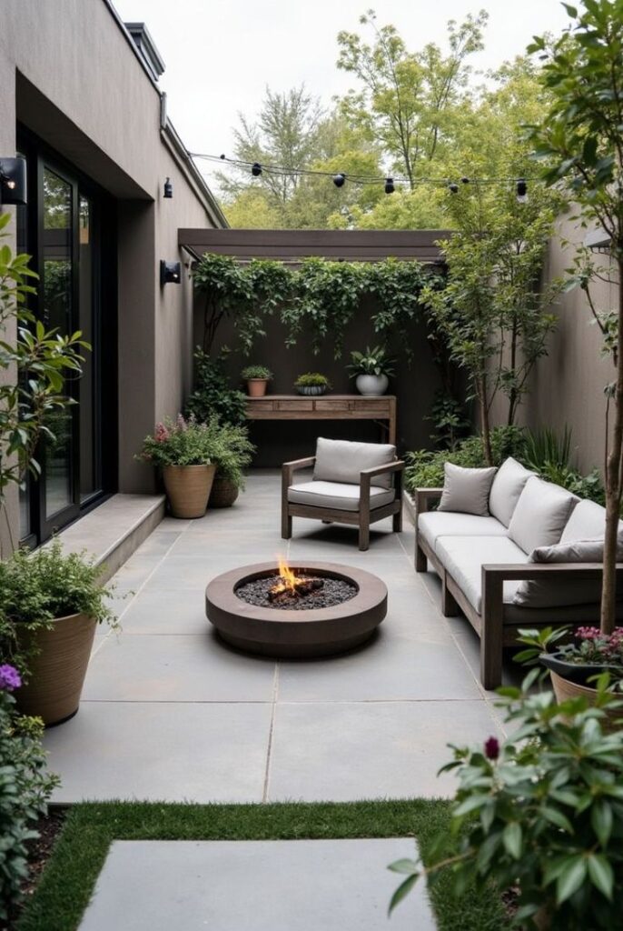 Cozy modern patio with fire pit, outdoor seating, and lush greenery, perfect for relaxation and entertaining.