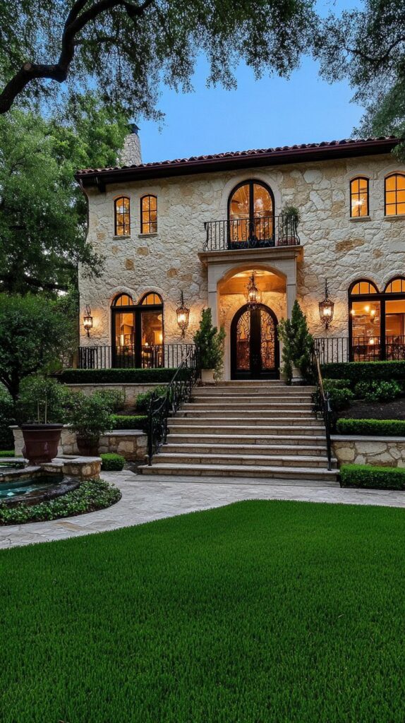 Elegant stone mansion with lush lawn, evening lights aglow, showcasing luxury home exterior and landscape design.