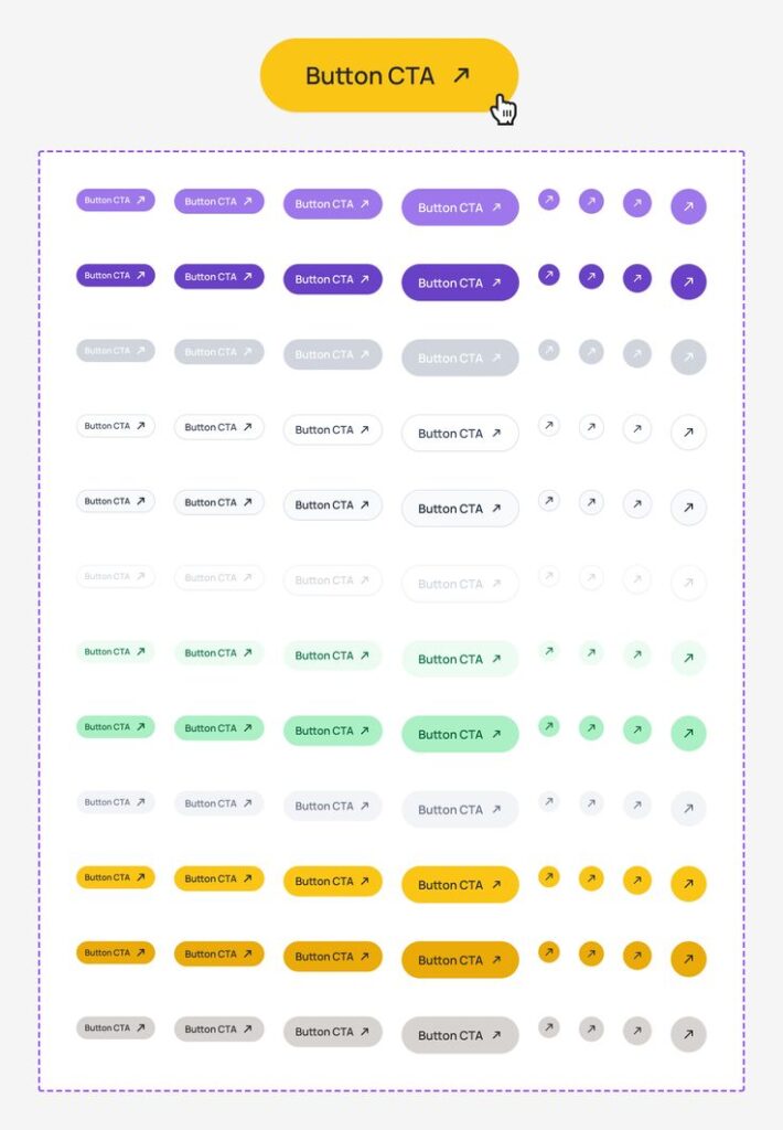 Colorful CTA buttons in various shapes and sizes for design inspiration and user interface enhancement.