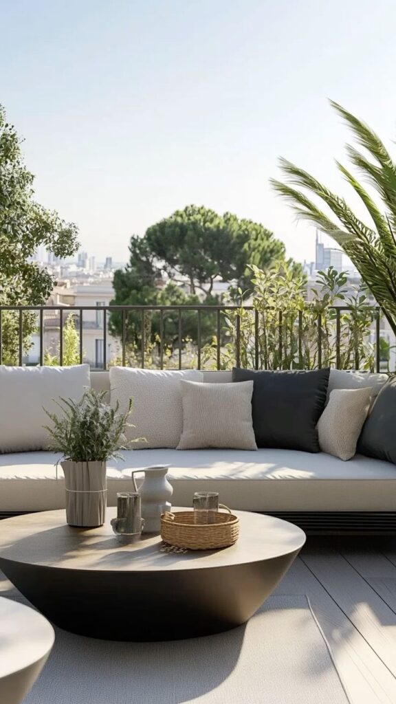 Modern rooftop terrace with comfortable seating, outdoor plants, and city view, perfect for relaxation and entertaining.