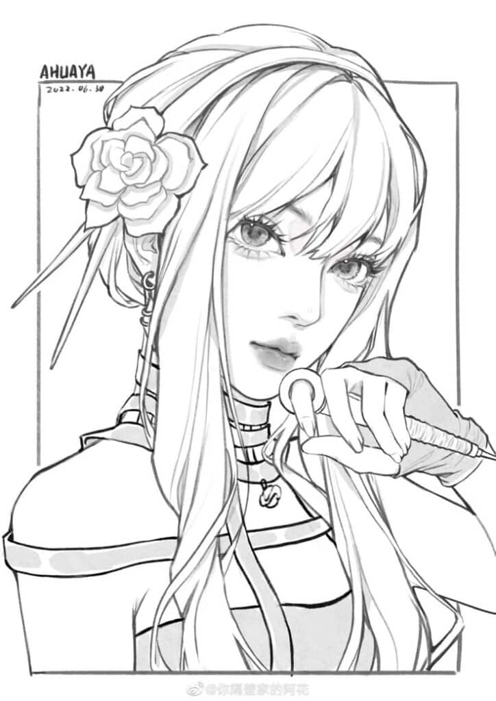 8a11021c-7b9a-4945-bc80-b252121d4cc0 Black and white anime drawing of a girl holding a mic, with long hair and a flower accessory. | Sky Rye Design Black and white anime drawing of a girl holding a mic, with long hair and a flower accessory.