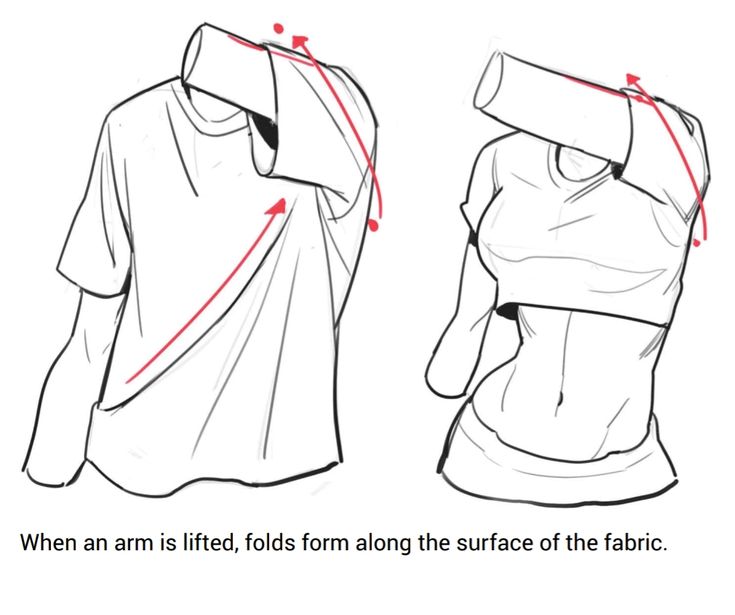 Illustration showing fabric folds on a T-shirt and crop top when arms are lifted, highlighting fabric movement.