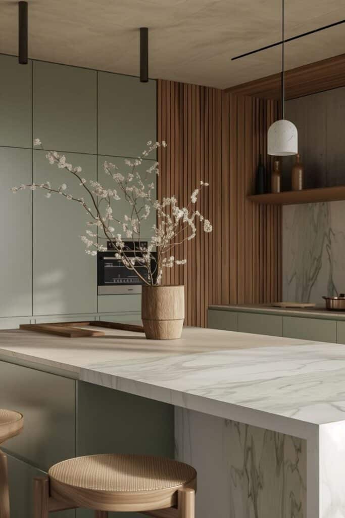 Modern kitchen with marble island, wooden accents, and minimal decor featuring a vase with branches.