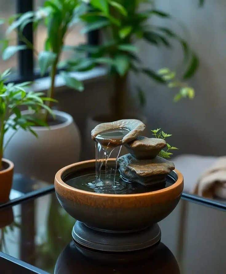 Tabletop water fountain with flowing stones, creating a calming indoor ambiance surrounded by green plants.