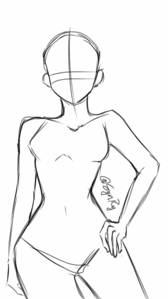 Sketch of a faceless figure with defined body, hand on hip. Art reference for anatomy drawing or fashion design.
