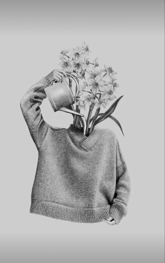 Abstract illustration of a sweater with flowers for a head, holding a watering can. Surreal creativity and imagination.