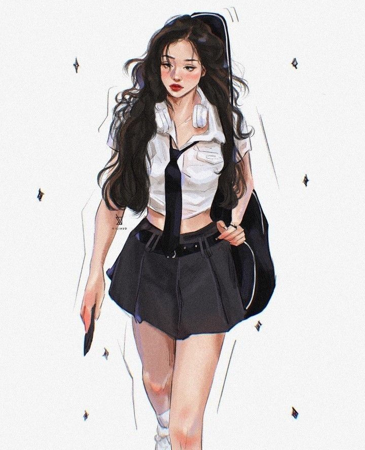 Anime-style girl wearing school uniform and headphones, walking confidently with long flowing hair.