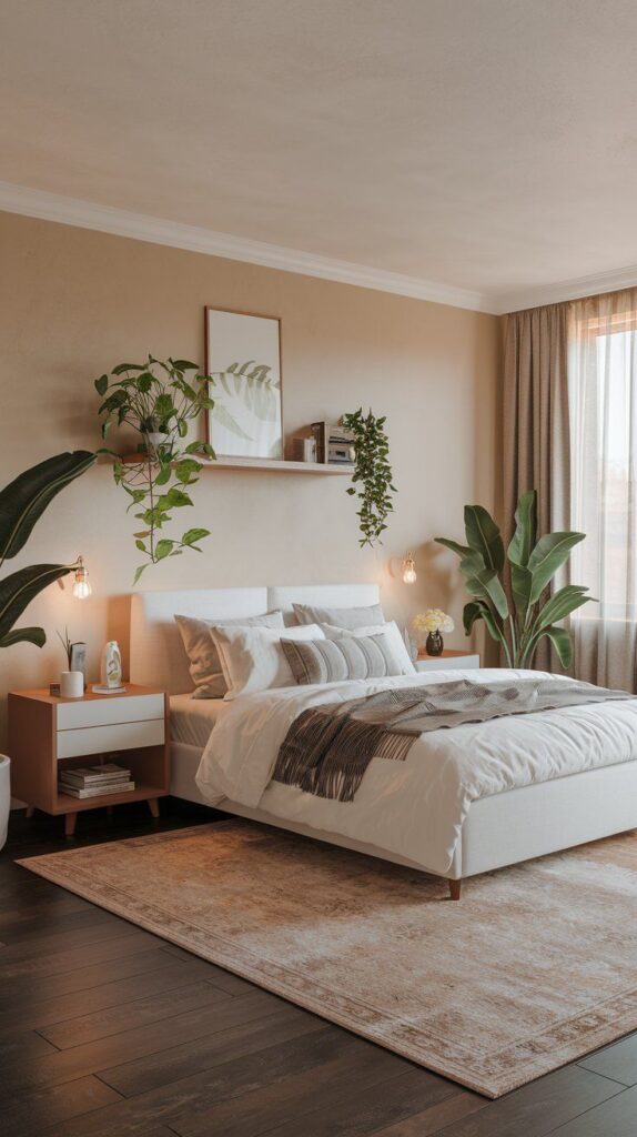Modern bedroom with plants, white bed, wooden nightstand, and cozy decor. Natural light fills the serene space.