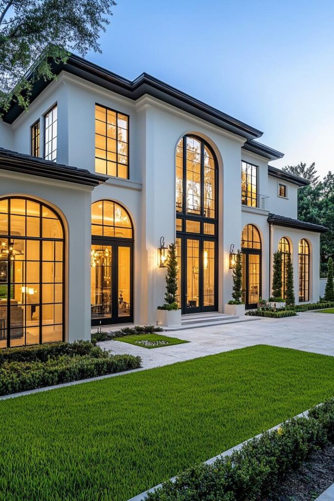 Elegant modern mansion with large arched windows, lush green lawn, and inviting evening lighting.