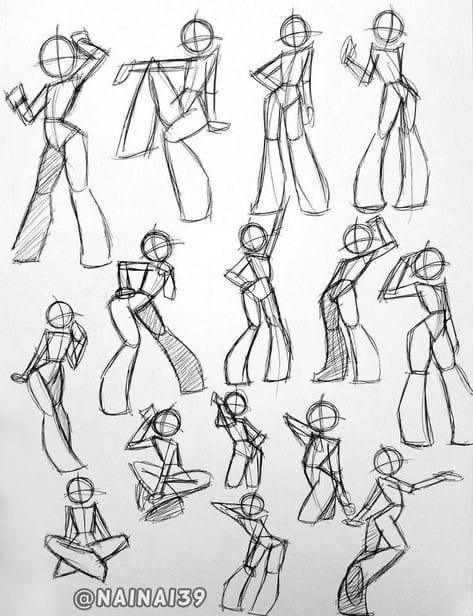 Sketch of 15 dynamic fashion poses with stick figures, showcasing various standing and sitting positions for artists.