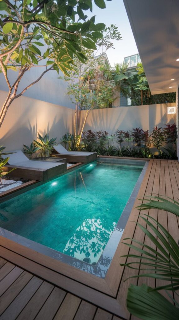 Luxurious backyard pool with lounge chairs surrounded by lush tropical plants and wooden decking.