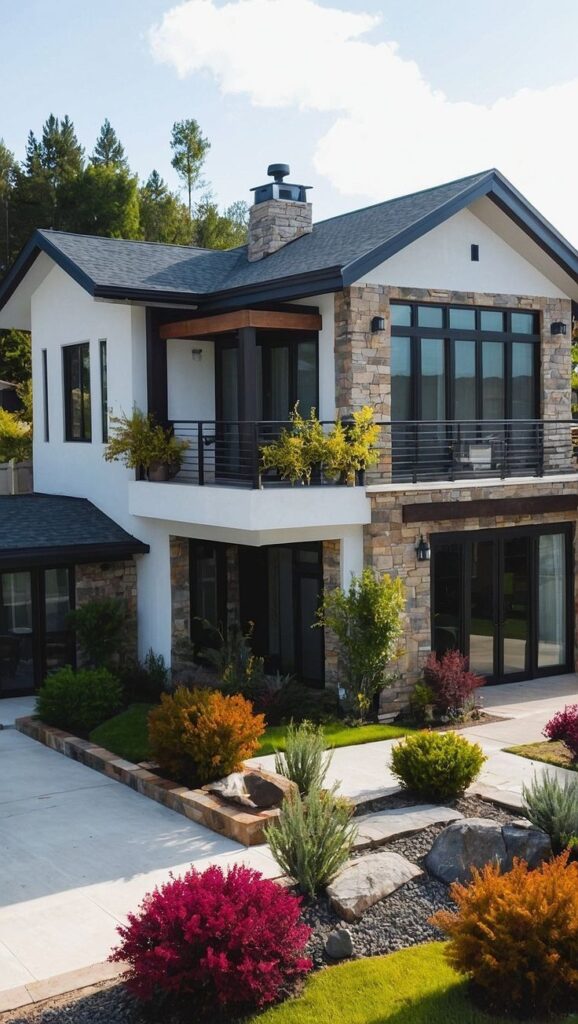 Modern two-story house with stone accents and landscaped garden.