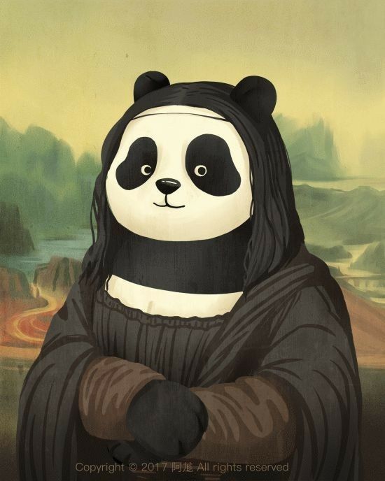 Panda dressed like Mona Lisa, merging classic art with a playful twist, set against a serene landscape background.
