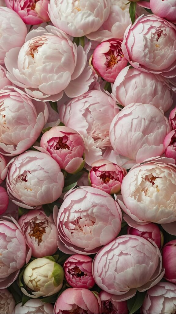 Pink and white peonies in full bloom, creating a lush and vibrant floral arrangement.