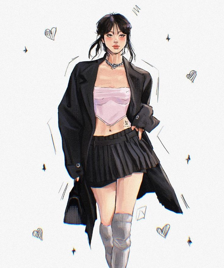 Stylish woman in chic outfit with black coat, pleated skirt, and boots, surrounded by hearts and doodles.