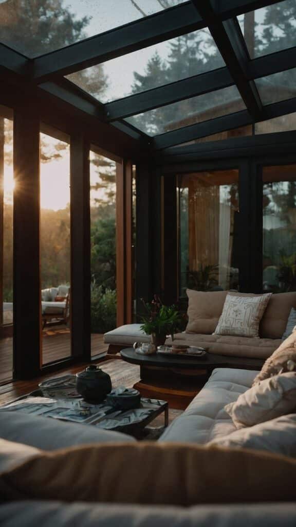 Cozy sunroom with glass walls and plush sofas, perfect for relaxing and enjoying a sunset view.