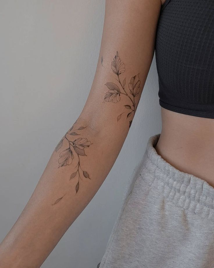 939dc3012c575aca5c8493b940228366 Elegant floral tattoo design on a person's forearm, showcasing intricate leaves and flowers. | Sky Rye Design Elegant floral tattoo design on a person's forearm, showcasing intricate leaves and flowers.