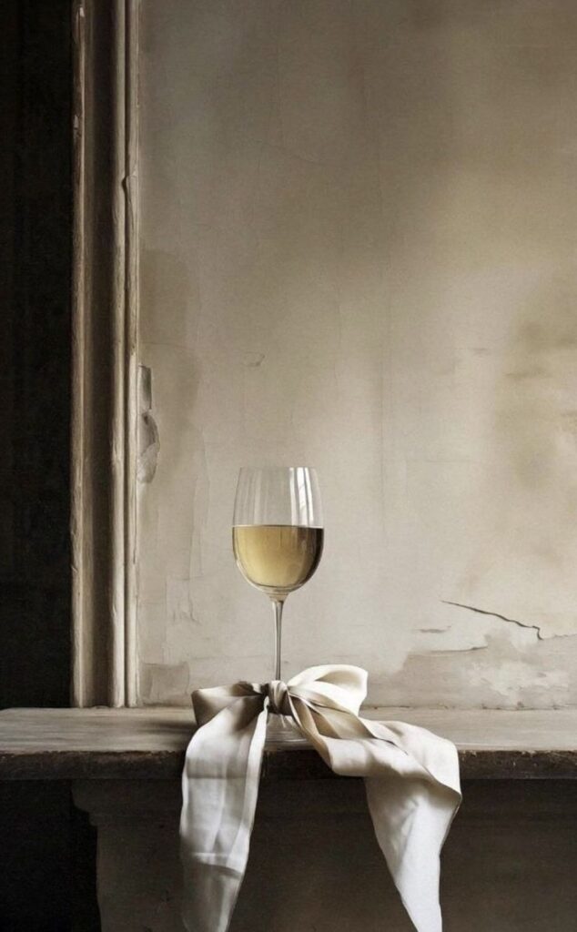 Glass of white wine with a silk ribbon on a rustic wooden shelf against a textured wall backdrop.