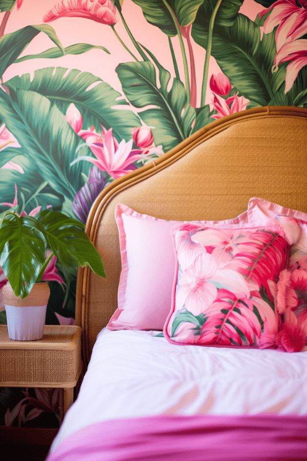 Tropical-themed bedroom with floral pillows, leaf wallpaper, and a potted plant.