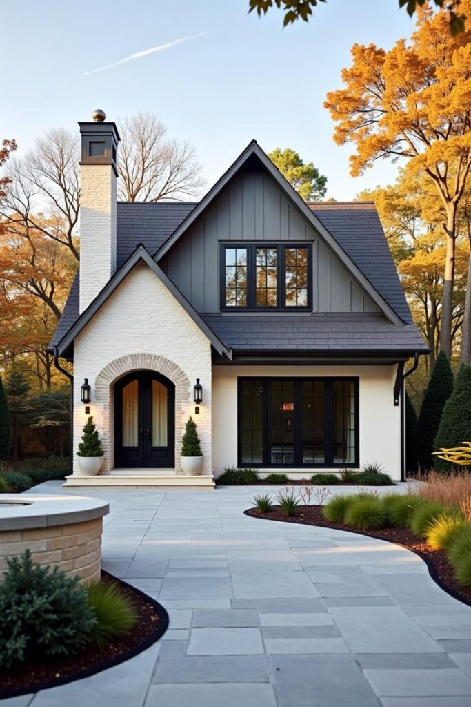 Charming modern cottage with gabled roof, surrounded by autumn trees and manicured landscape.