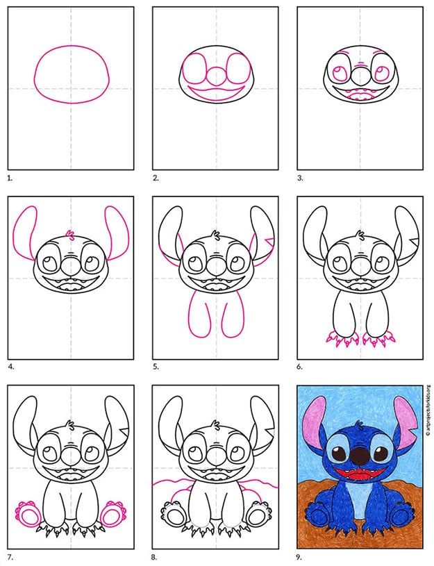 Step-by-step drawing tutorial of a cute alien character, from outline to colorful completion.