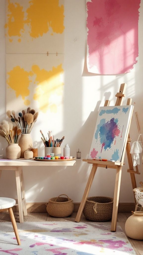 Cozy art studio with colorful paintings, brushes, and supplies, bathed in natural light for creative inspiration.