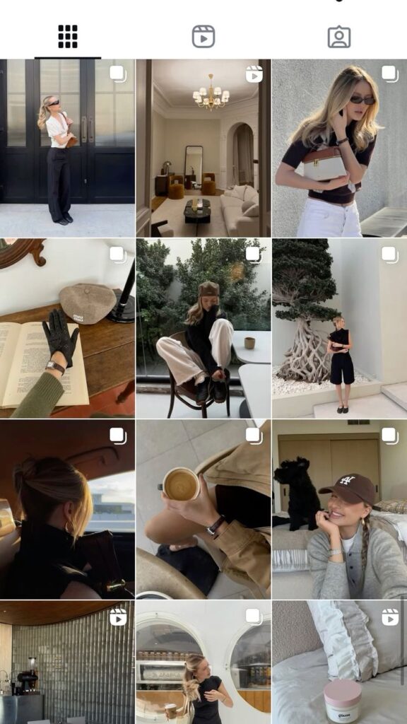 Grid of lifestyle images featuring fashion, home decor, and coffee, showcasing a modern and stylish aesthetic.