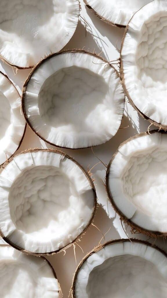 Halved coconuts arranged in sunlight, showcasing their fresh, white interiors. Ideal for tropical themes and natural products.