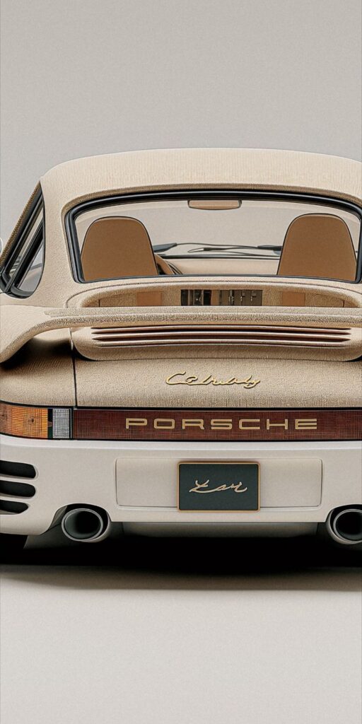 Vintage Porsche Cabriolet rear with textured finish and open top, showcasing exhaust pipes and logo detailing.
