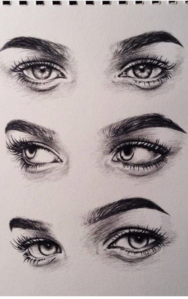 Detailed pencil sketches of expressive eyes, showcasing different angles and emotions.