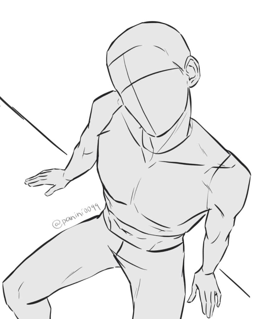 Sketch of a faceless figure in a dynamic seated pose, viewed from above, with a muscular build.