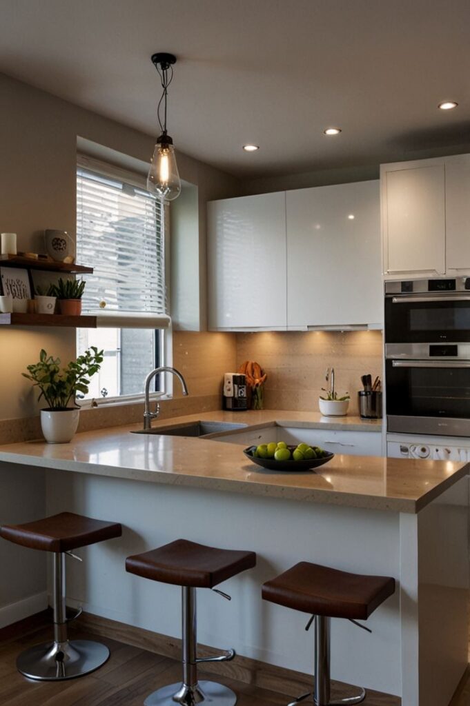 Modern kitchen with white cabinets, island, pendant light, and brown stools. Decorative plants and fruit bowl on counter.