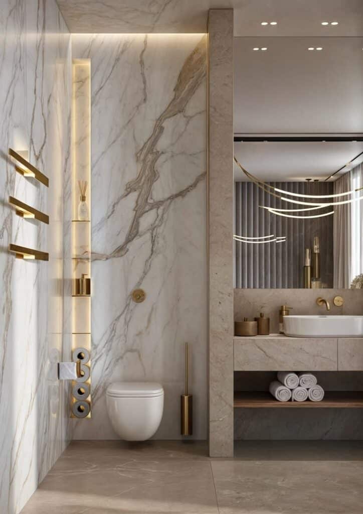 Luxurious marble bathroom with modern gold accents, floating toilet, and elegant vanity area.