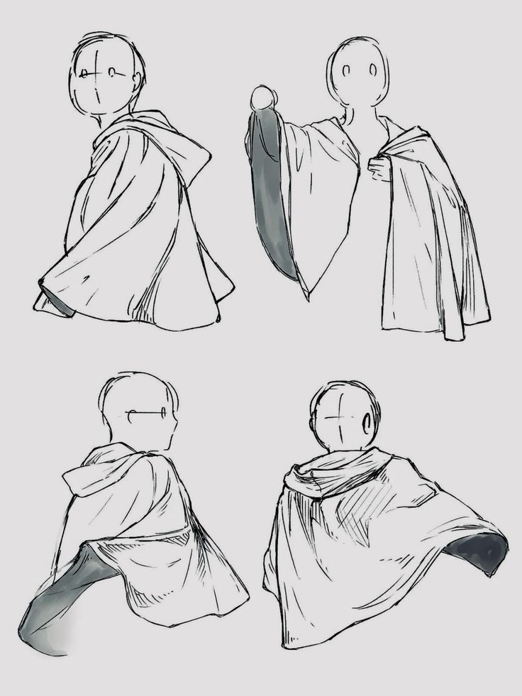 Sketch of a character wearing a flowing cloak from various angles, showcasing dynamic movement and fabric detail.