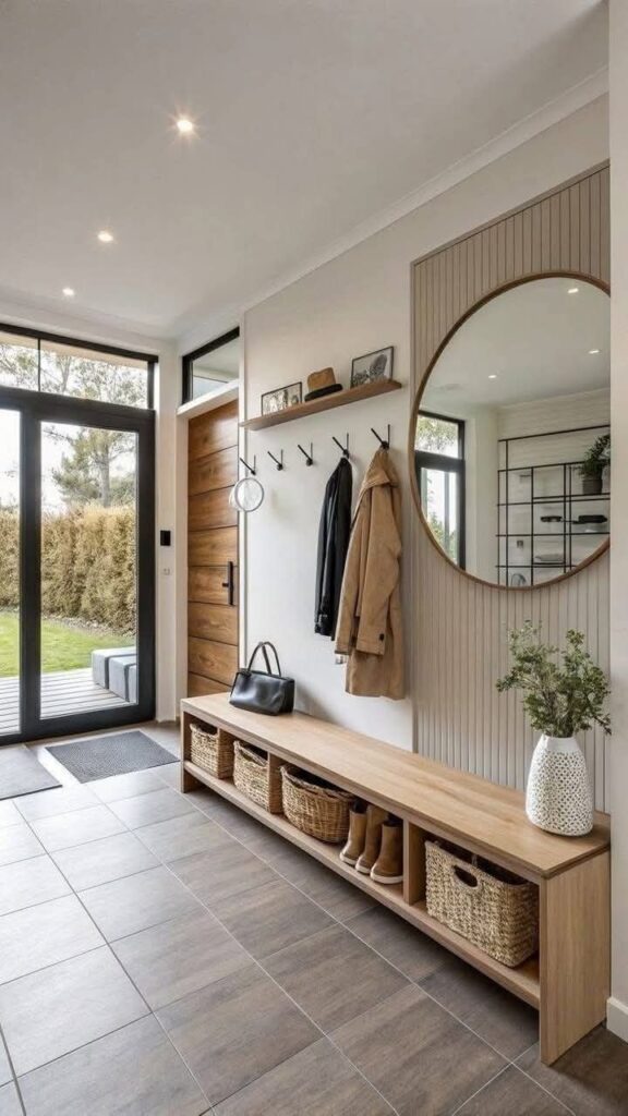 99c34a45bb4683533450af91c18be2c7 Modern entryway with wooden bench, coat rack, round mirror, and basket storage, leading to a bright garden view. | Sky Rye Design Modern entryway with wooden bench, coat rack, round mirror, and basket storage, leading to a bright garden view.