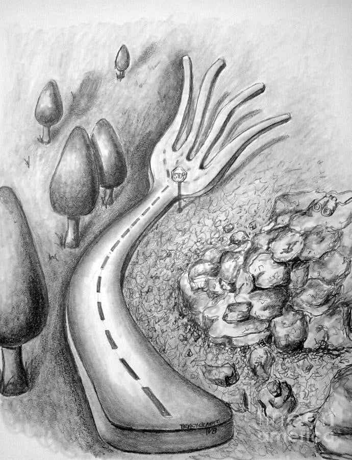Surreal drawing of a road hand shape near rocks and trees, representing a unique and imaginative perspective.