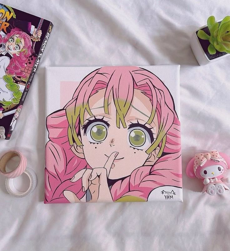 Anime artwork featuring a pink-haired character surrounded by themed items, ideal for manga enthusiasts.