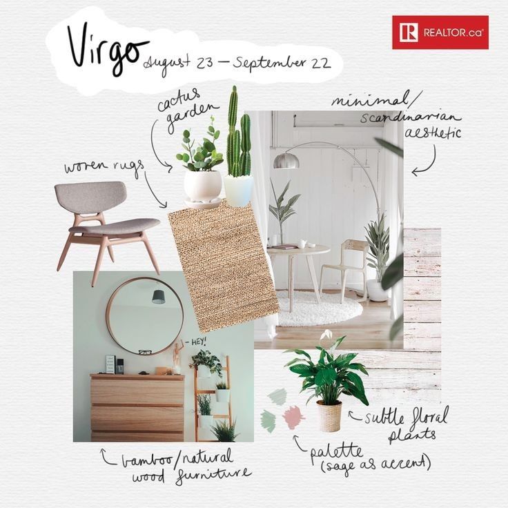 Virgo design collage with Scandinavian aesthetic, cactus garden, woven rugs, bamboo furniture, and floral accents.