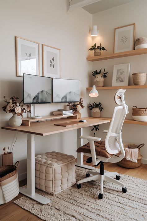 Minimalist home office with dual monitors, ergonomic chair, wooden desk, neutral decor, and wall art.