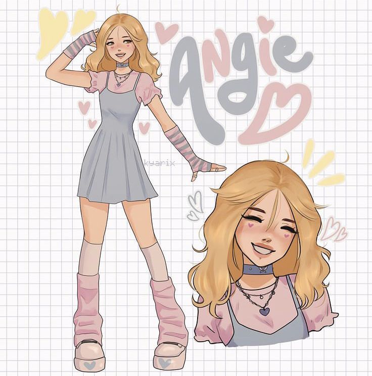 Cute anime girl with blonde hair, wearing a gray dress and pink top, smiling with hearts around her on a grid background.
