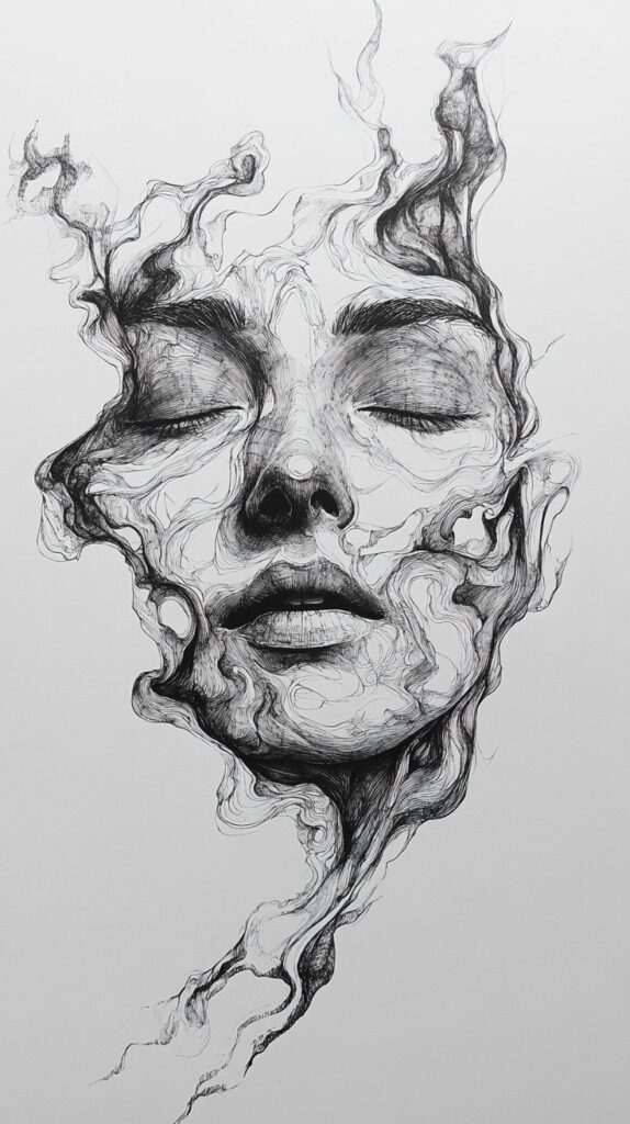 Surreal face illustration blending into abstract smoke-like lines, eyes closed, in monochrome.