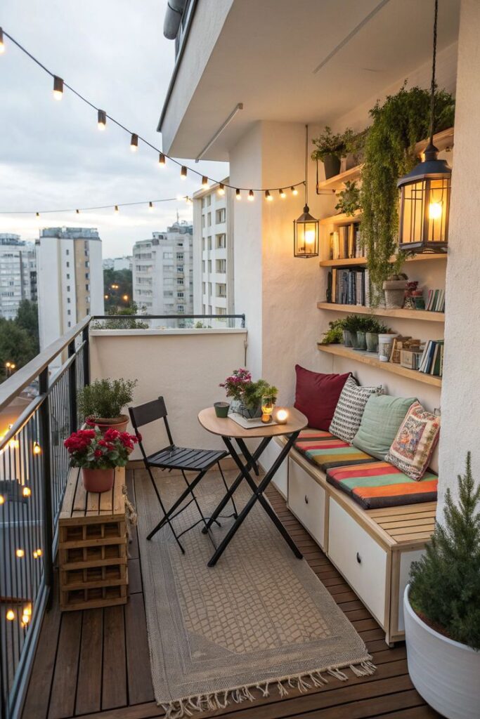 Cozy city balcony with seating, plants, bookshelves, and string lights for a relaxing evening.