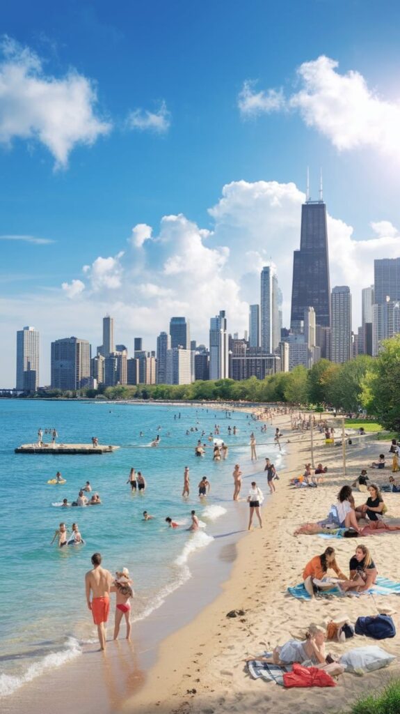 Crowded beach with city skyline under a clear blue sky in Chicago. Perfect summer day by Lake Michigan.