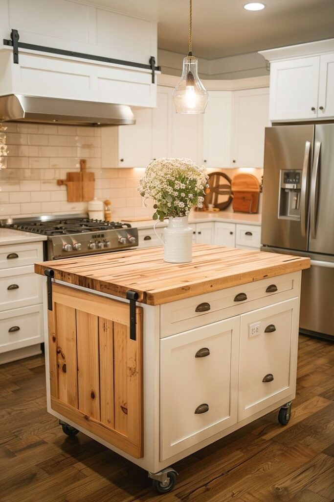 Modern farmhouse kitchen with white cabinets, wood island, stainless steel appliances, and pendant lighting.