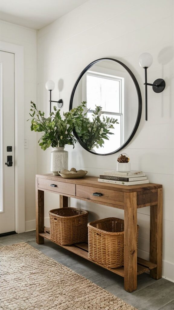 Entryway decor with wooden console table, round mirror, green plants, and wicker baskets for a welcoming home touch.