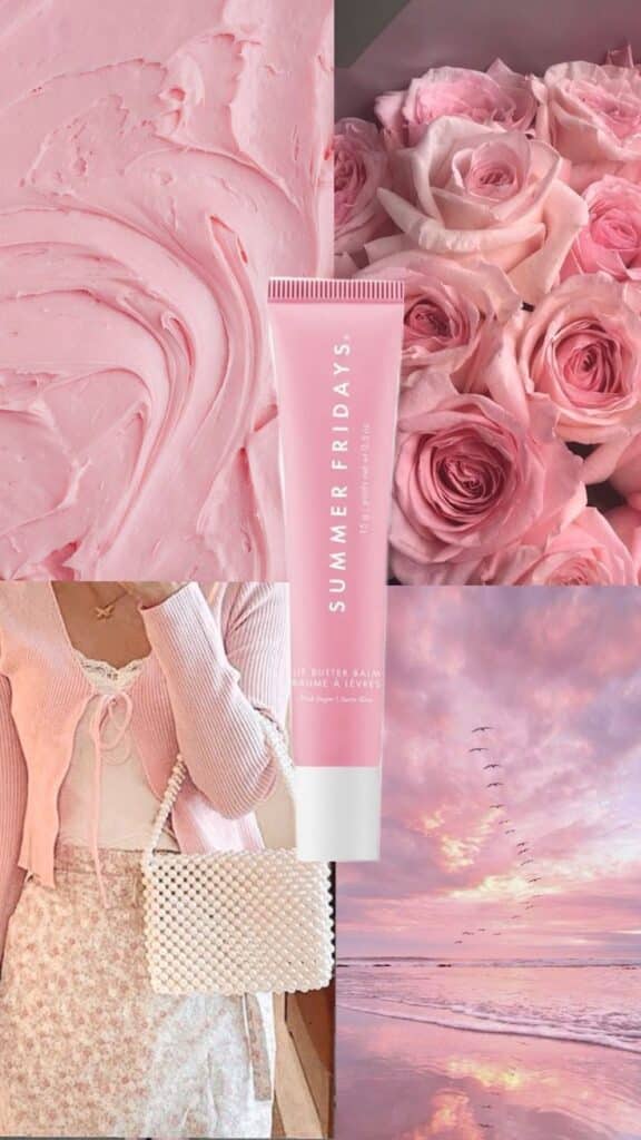 Pink-themed collage featuring Summer Fridays lip balm, roses, texture, fashion, and sunset.