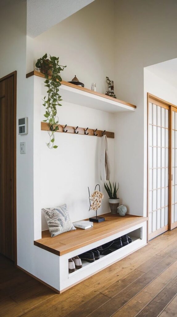 Minimalist entryway with wooden bench, potted plants, coat hooks, and shoe storage for a tidy, modern look.