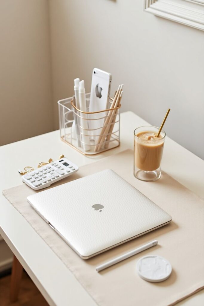 Minimalist workspace with a laptop, smartphone, calculator, coffee, and stationery on a white desk.