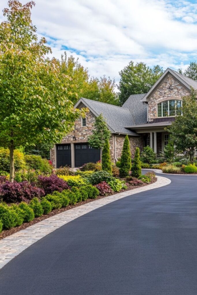 A classic for a reason_ Give your driveway a Beautiful stone house with landscaped garden and curved asphalt driveway under a blue sky. | Sky Rye Design Beautiful stone house with landscaped garden and curved asphalt driveway under a blue sky.